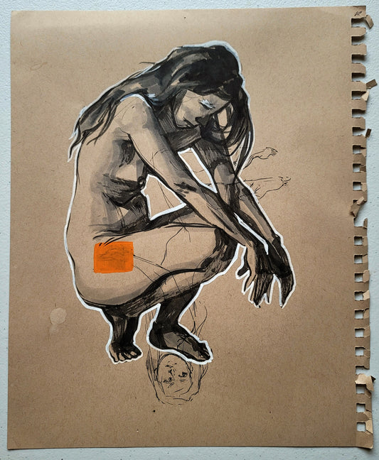 "Squatting", 2021, pen and marker on toned paper, 10 x 12 inches