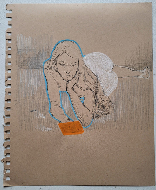 "Laying", 2020, pen and colored pencil on toned paper, 10 x 12 inches