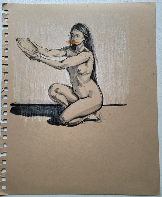 "Kneeling", 2020, pen and marker on toned paper, 10 x 12 inches