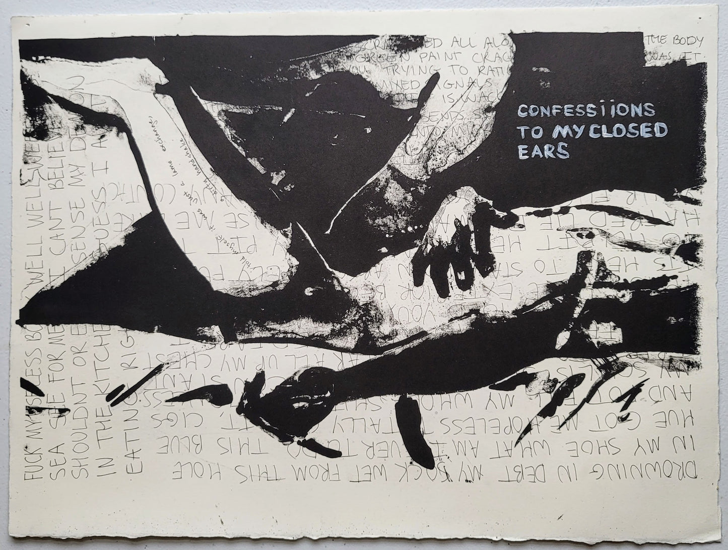 "Confession", 2020, lithographic print and mixed media on paper, 11 x 15 inches