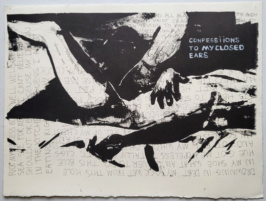 "Confession", 2020, lithographic print and mixed media on paper, 11 x 15 inches