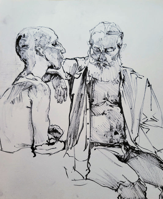 "Walter with Bust of Ira", 2019, pen on paper, 18 x 24 inches